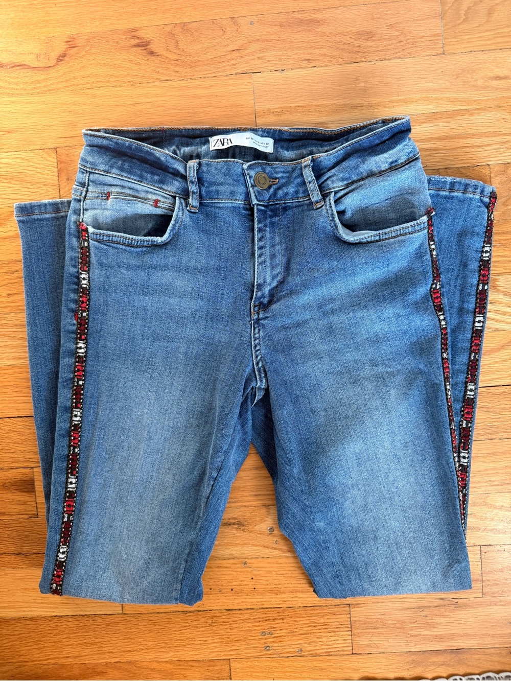 Zara Blue Denim Jeans with Embroidered/Beaded Side Trim